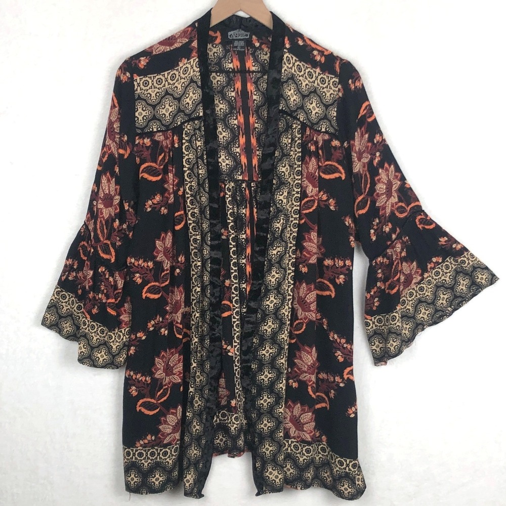 ANGIE Boho Floral Velvet Trim Bell Sleeve Kimono Cardigan Sz L Black Orange - Picture 3 of 8